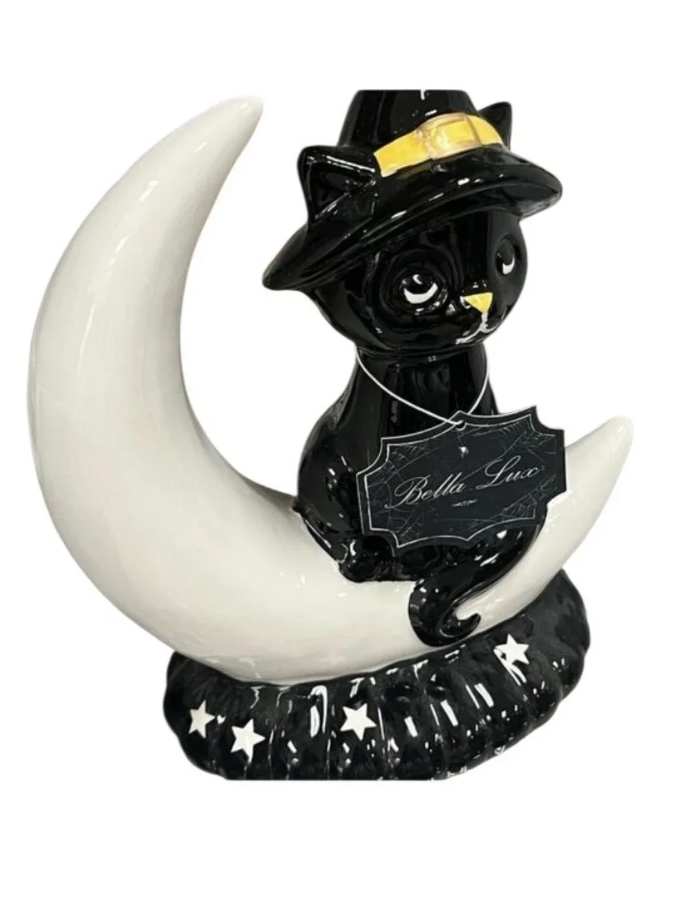 Bella Lux Halloween Black Cat Witch Crescent Moon Ceramic Figurine Decor